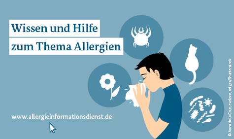 Online-Portal www.allergieinformationsdienst.de Grafik mit einem Jungen, der in ein Taschentuch niest, um ihn herum sind Symbole (eine Katze, eine Blume, eine Milbe und verschiedene Erreger) angeordnet
