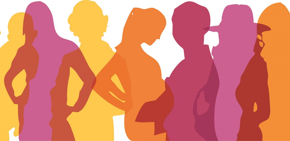 Internationaler Frauentag 2017 (Quelle: BZgA) Grafik: Frauensilhouetten in den Farben Gelb, Orange und Pink