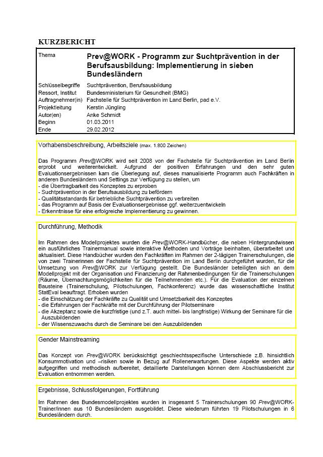 Kurzbericht: Prev@WORK - Programm zur Suchtprävention in der Berufsausbildung: Implementierung in sieben Bundesländern