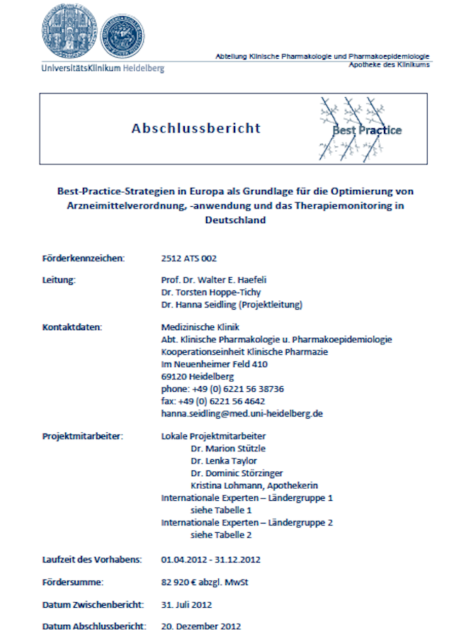 Abschlussbericht Best-Practice-Strategien in Europa als Grundlage für die Optimierung von Arzneimittelverordnung, -anwendung und das Therapiemonitoring in Deutschland