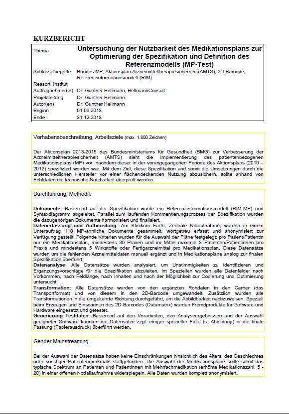 Kurzbericht Untersuchung der Nutzbarkeit des Medikationsplans zur Optimierung der Spezifikation und Definition des Referenzmodells (MP-Test)