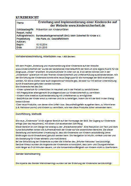 Kurzbericht: Erstellung und Implementierung einer Kinderecke auf der Website www.kindersicherheit.de