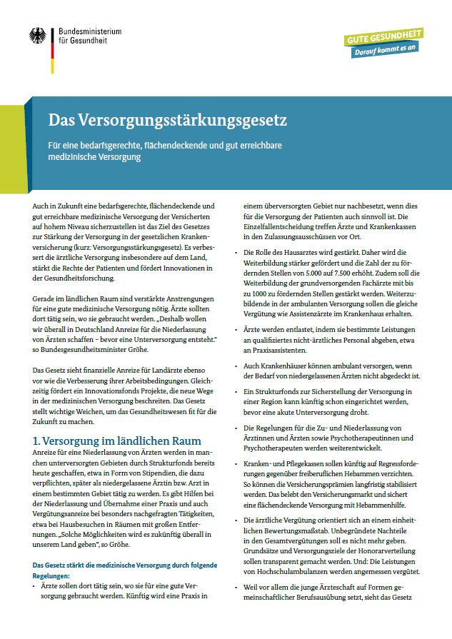 Flyer: Das Versorgungsstärkungsgesetz – Für eine bedarfsgerechte, flächendeckende und gut erreichbare medizinische Versorgung
