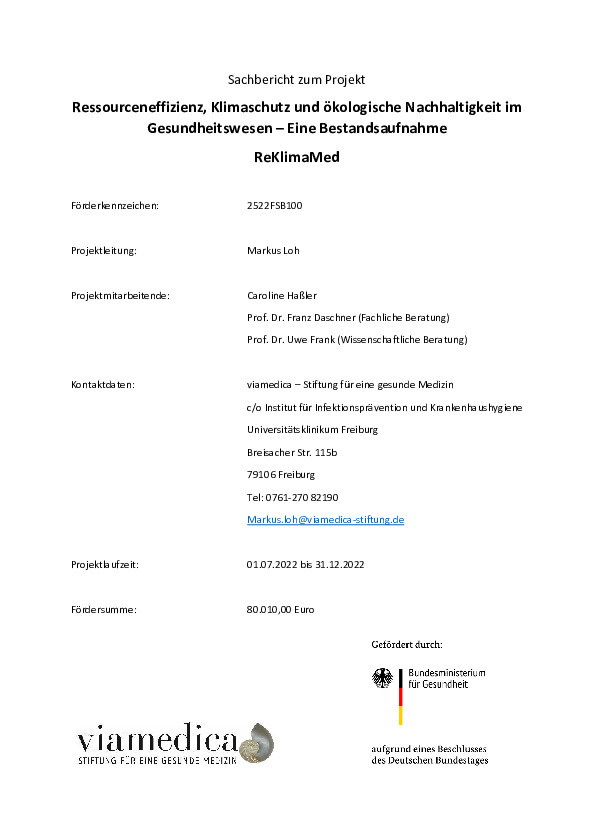 Ressourceneffizienz, Klimaschutz und ökologische Nachhaltigkeit im Gesundheitswesen – Eine Bestandsaufnahme Vorschaubild: Abschlussbericht ReKlimaMed