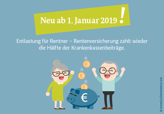 Zu sehen sind zwei alte Menschen die sich über Geld freuen. In dem Bild steht: Neu ab 1. Januar 2019 Entlastung für Rentner – Rentenversicherer zahlen wieder die Hälfte der Krankenkassenbeiträge