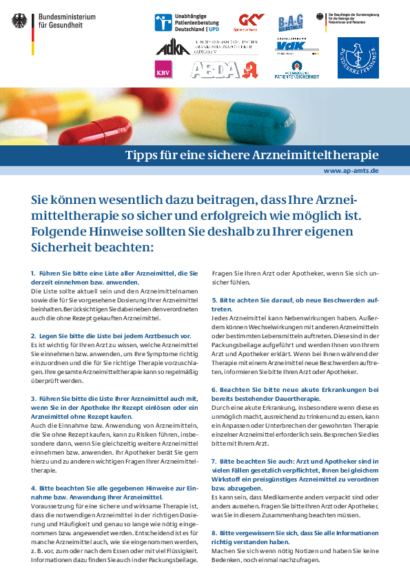 Faltblatt: Informationsmerkblatt für Patientinnen und Patienten mit 8 Tipps für eine sichere Arzneimitteltherapie
