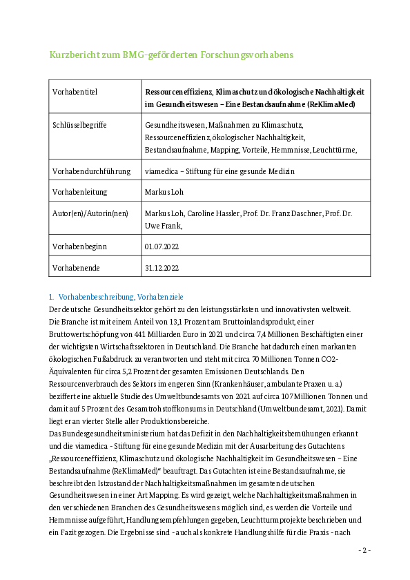 Kurzbericht zum BMG-geförderten Forschungsvorhabens Vorschaubild: Kurzbericht ReKlimaMed