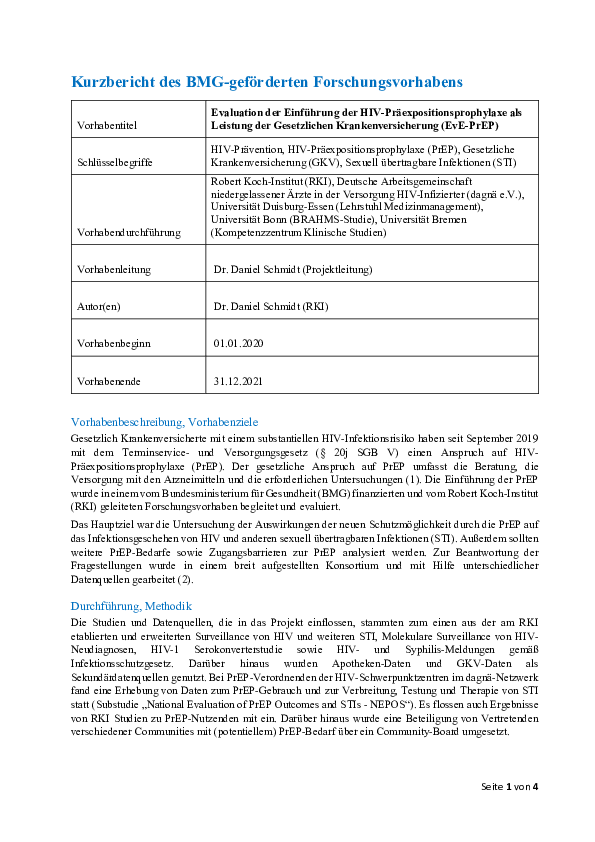 Evaluation der Einführung der HIV-Präexpositionsprophylaxe als Leistung der Gesetzlichen Krankenversicherung (EvE-PrEP)