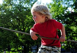 Foto: Kind klettert auf einem Seil
