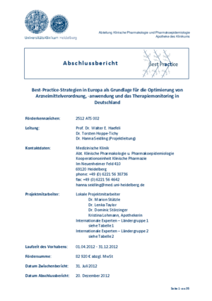 Abschlussbericht Best-Practice-Strategien in Europa als Grundlage für die Optimierung von Arzneimittelverordnung, -anwendung und das Therapiemonitoring in Deutschland