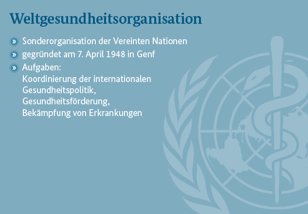 Grafik mit dem Logo der WHO und der Aufschrift "Weltgesundheitsorganisation, Sonderorganisation der Vereinten Nationen, gegründet am 7. April 1948 in Genf, Aufgaben: Koordinierung der internationalen Gesundheitspolitik, Gesundheitsförderung, Bekämpfung von Erkrankungen"