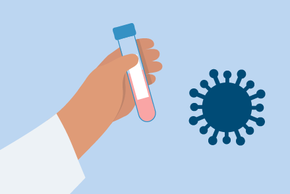 Coronavirus Schaubild mit einer Hand, die ein Reagenzglas hält