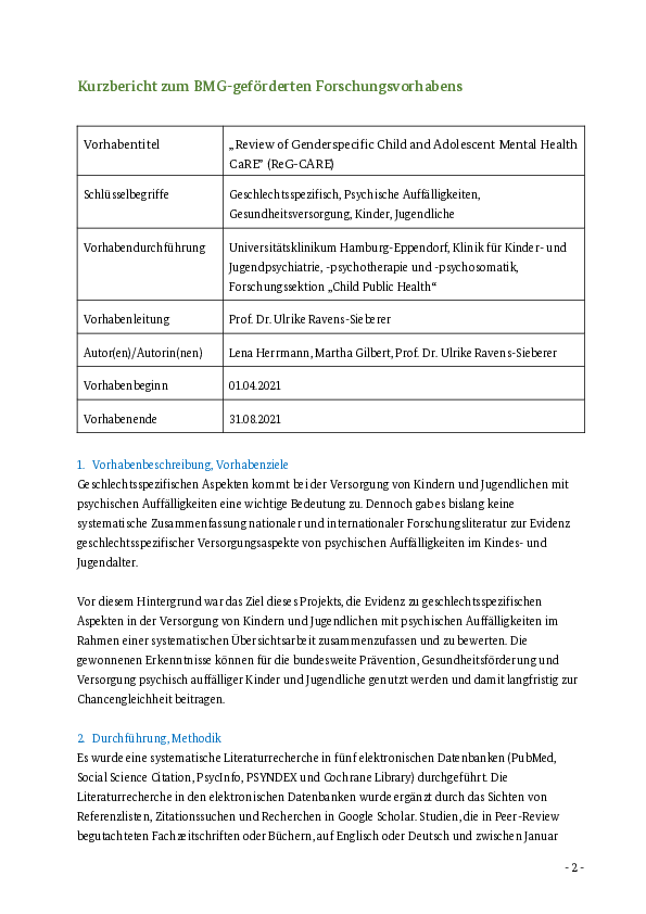 Kurzbericht zum BMG-geförderten Forschungsvorhabens: Review of Genderspecific Child and Adolescent Mental Health CaRE” (ReG-CARE)