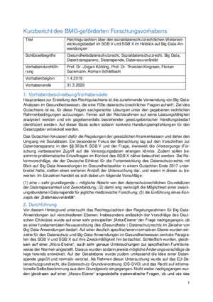 Kurzbericht Rechtsgutachten über den sozialdatenschutzrechtlichen Weiterentwicklungsbedarf im SGB V und SGB X im Hinblick auf Big-Data-Anwendungen