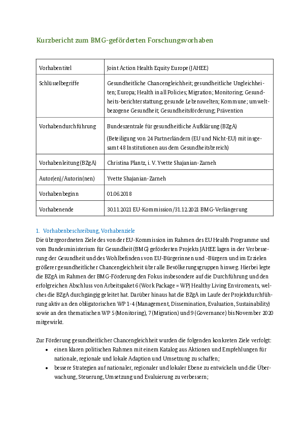 Kurzbericht: Joint Action Health Equity Europe (JAHEE) – Abschlussbericht 2018–2021