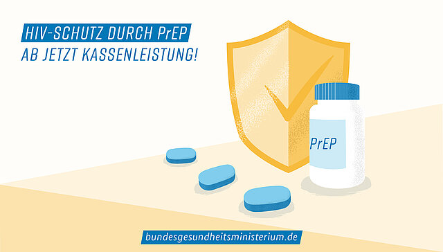 Ein Schild und ein Pillendöschen. In dem Bild steht: HIV-SChutz durch PrEP. Ab jetzt Kassenleistung! bundesgesundheitsministerium.de