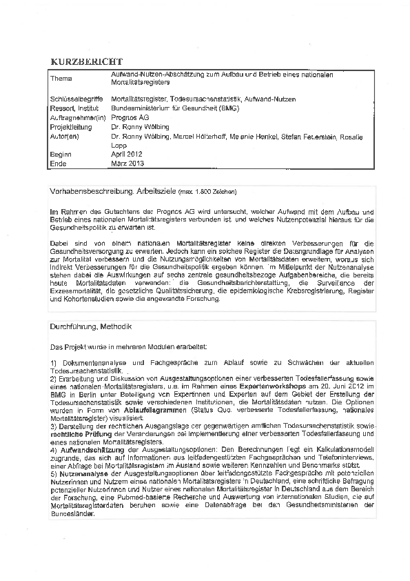 Kurzbericht: Aufwand-Nutzen-Abschätzung zum Aufbau und Betrieb eines nationalen Mortalitätsregisters