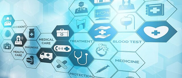 Medical Healthcare Concept - Doctor in hospital with digital medical icons graphic banner showing symbol of medicine, medical care people, emergency service network, doctor data of patient health.