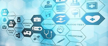 Medical Healthcare Concept - Doctor in hospital with digital medical icons graphic banner showing symbol of medicine, medical care people, emergency service network, doctor data of patient health.