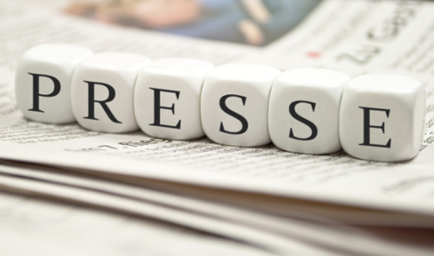 Foto: Das Wort Presse liegt in Würfeln auf einer Zeitung 