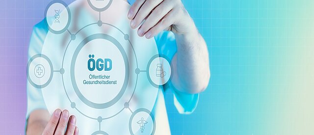 Gesundheitsamt. Arzt zeigt auf digitales medizinisches Interface. Text umgeben von Icons, angeordnet im Kreis.