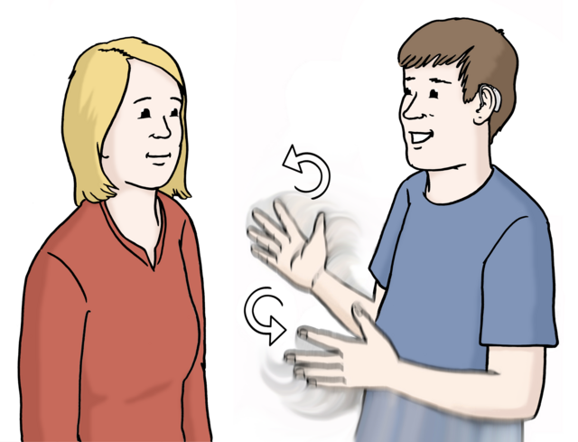 Zwei Personen, die sich mit Gebärdensprache verständigen.