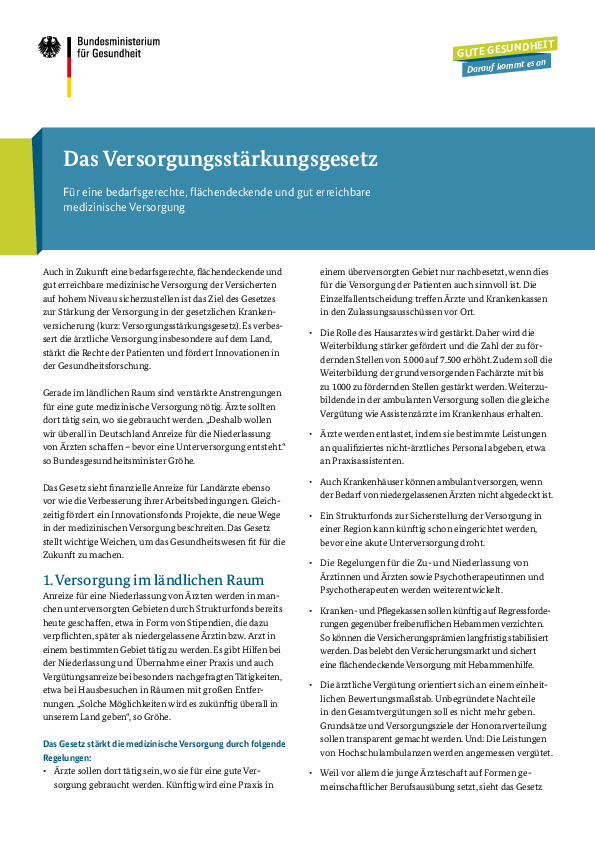 Flyer: Das Versorgungsstärkungsgesetz – Für eine bedarfsgerechte, flächendeckende und gut erreichbare medizinische Versorgung