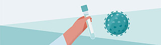 Symbolbild Coronavirus mit einer Hand, die ein Reagenzglas hält