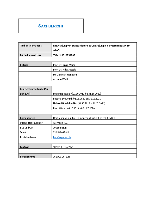 Entwicklung von Standards für das Controlling in der Gesunheitswirtschaft