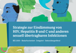 Screenshot des Broschüren-Covers: gezeichnete blaue und grüne Gesichter mit Sprechblasen, darauf der weiße Titel-Schriftzug auf blauem Grund: "Strategie zur Eindämmung von HIV, Hepatitis B und C und anderen sexuell übertragbaren Infektionen"