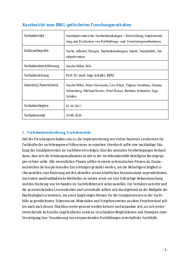 Suizidprävention bei Suchterkrankungen – Entwicklung, Implementierung und Evaluation von Fortbildungs- und Vernetzungsmaßnahmen