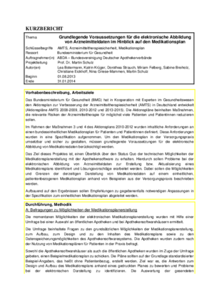 Kurzbericht Grundlegende Voraussetzungen für die elektronische Abbildung von Arzneimitteldaten im Hinblick auf den Medikationsplan
