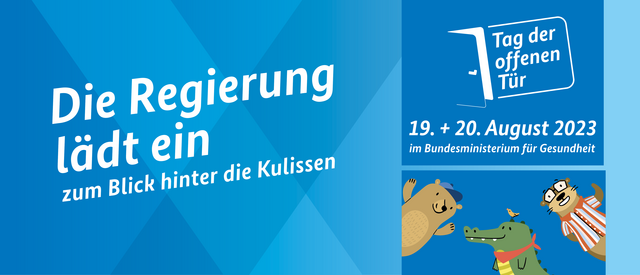 Ankündigungsgrafik für den Tag der offenen Tür vom 19. und 20. August 2023 im BMG mit dem Titel: "Die Regierung lädt ein zum Blick hinter die Kulissen"