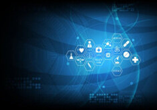 Grafik: International Health Care, blauer Grund, diverse Icons, u.a. Herz, Kreuz.