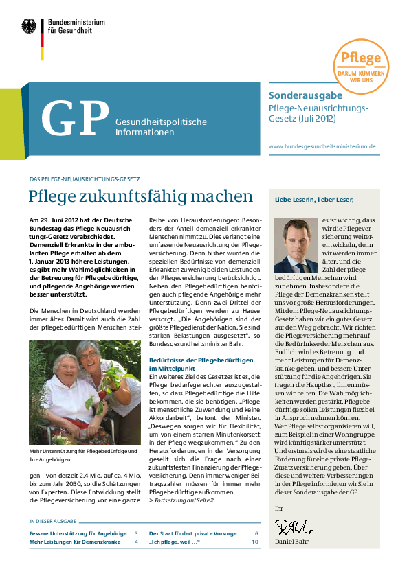 Gesundheitspolitische Informationen - Sonderausgabe Pflege-Neuausrichtungs-Gesetz
