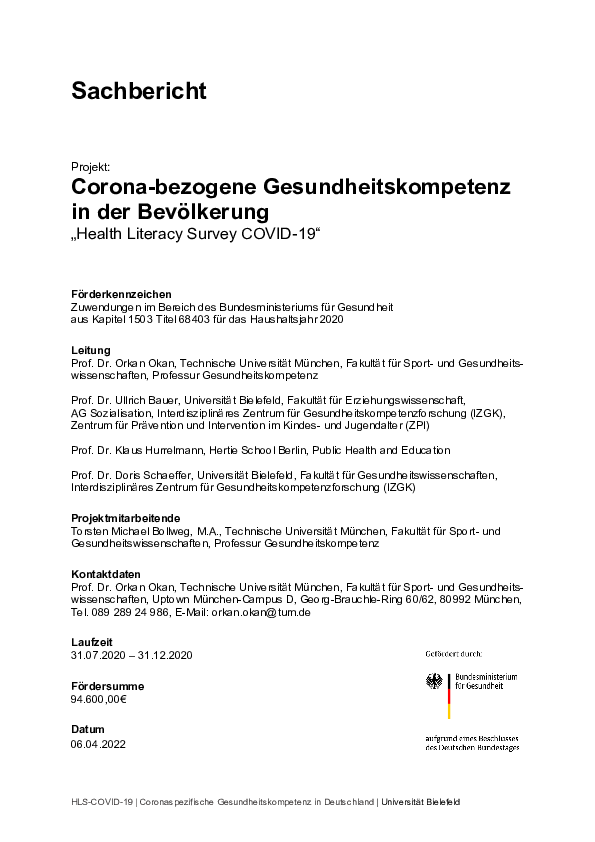Sachbericht zum Projekt: Corona-bezogene Gesundheitskompetenz in der Bevölkerung "Health Literacy Survey COVID-19"