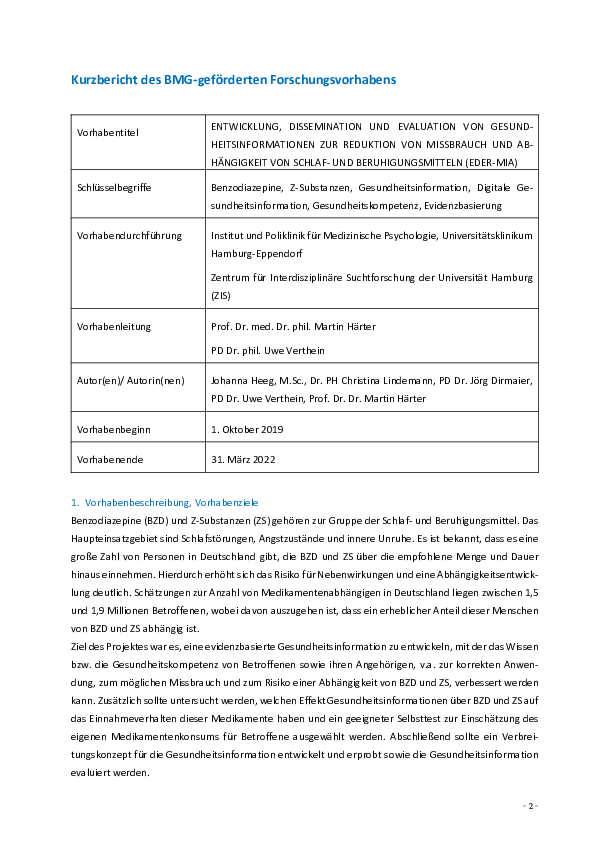 Entwicklung, Dissemination und Evaluation von Gesundheitsinformationen zur Reduktion von Missbrauch un Abhängigkeit von Schlaf- und Beruhigungsmitteln (EDER-MIA)