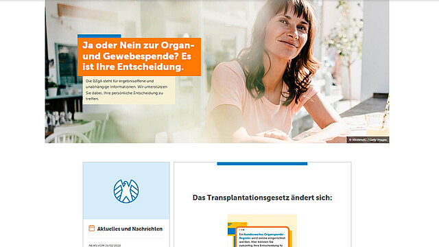 Screenshot der Startseite von organspende-info.de