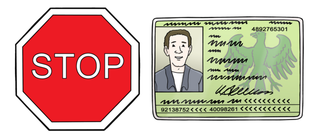 Das Bild zeigt eine Grafik von eimen Stopschild und einem Personalausweis.