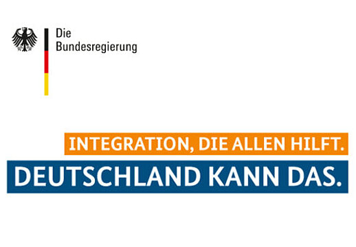 Grafik: Banner mit dem Logo der Bundesregierung und dem Schriftzug "Integration, die allen hilft. Deutschland kann das."