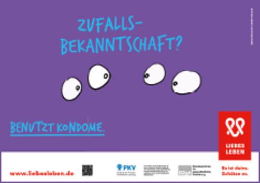 Screenshot eines Kampagnenmotivs: Zwei Augenpaare auf violettem Hintergrund, dazu der Schriftzug: "Zufallsbekanntschaft? Benutzt Kondome" und das Logo von Liebesleben mit zwei weißen AIDS-Schleifen auf rotem Grund.