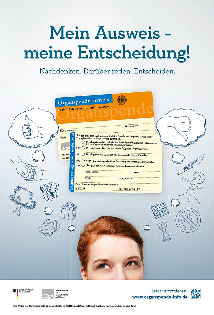 Plakat: Eine Junge Frau denkt über den Organspendeausweis nach