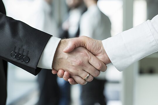 Photo: a business woman and a business man shaking hands (only their hands and arms are visible)