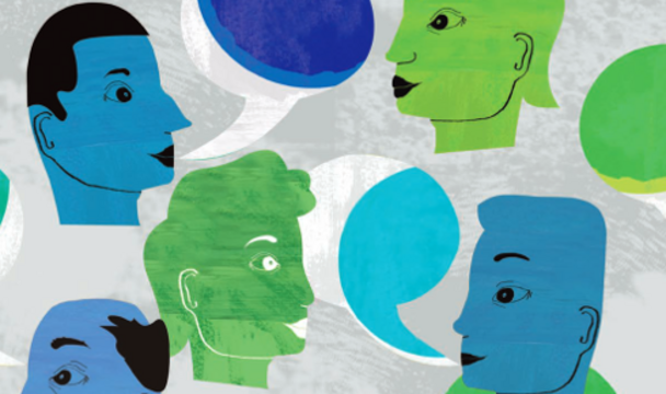 Illustration mit grünen und blauen Köpfen mit blauen und grünen Sprechblasen auf grauem Grund