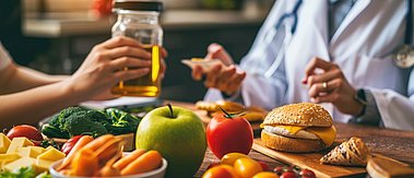 Gedeckter Tisch mit gesunden und ungesunden Lebensmitteln