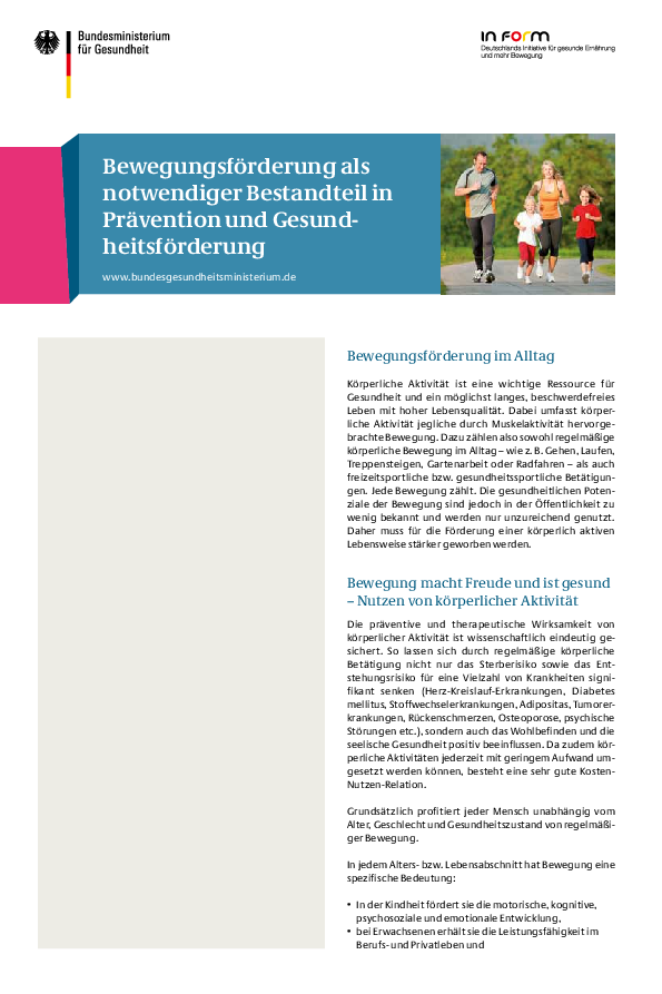 Faltblatt: Bewegungsförderung als notwendiger Bestandteil in Prävention und Gesundheitsförderung