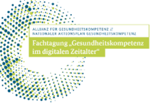 Grafik: Kreis besehend aus zahlreichen kleinen Punkten in Kombination mit Schriftzug "Fachtagung Gesundheitskompetenz im digitalen Zeitalter"