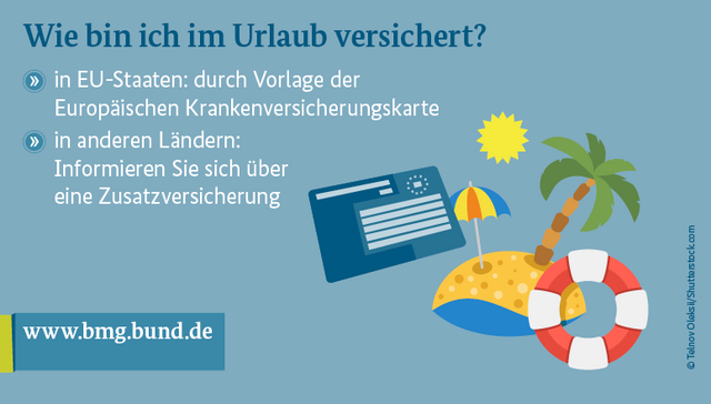 Das Bild zeigt eine Insel, einen Schwimmreifen und eine Versicherungskarte. In dem Bild steht: Wie bin ich im Urlaub versichert? In EU-Staat: durch Vorlage der Europäischen Krankenversicherungskarte; in anderen Ländern: Informieren Sie sich über eine Zusatzversicherung.