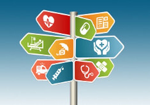 Grafik: Verschiedene Schilder mit Gesundheitssymbolen (z.B. Krankenbett, Spritze, Tablette, Stethoskop, etc.), die in unterschiedliche Richtungen zeigen. Auf einem Schild steht "Health Care"