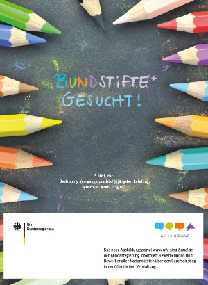 Foto: Buntstifte sind kreisförmig um die Worte "Bundstifte gesucht!" gruppiert.